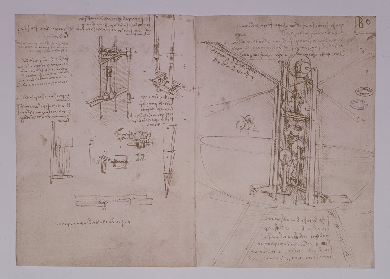 Macchina volante con ali di uccello in posizione verticale, fol. 80r dal Manoscritto di Parigi B, 1488-90 da Leonardo da Vinci