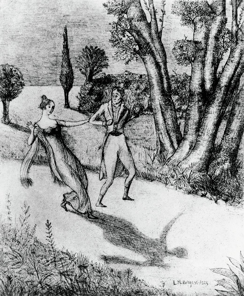 Peter, terrificante uomo ombra, illustrazione per La storia miracolosa di Peter Schlemihl, novella di Adalbert von Chamisso (1781-1838), litografia da dipinto di Leonardo Borgese (1904-1986), edito da Modiano da Leonardo Borgese