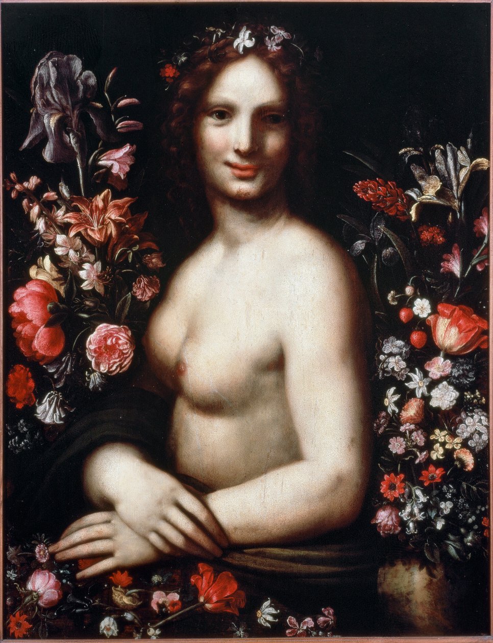 Busto di una giovane donna chiamata Flora tra i fiori da Leonardo da (after) Vinci