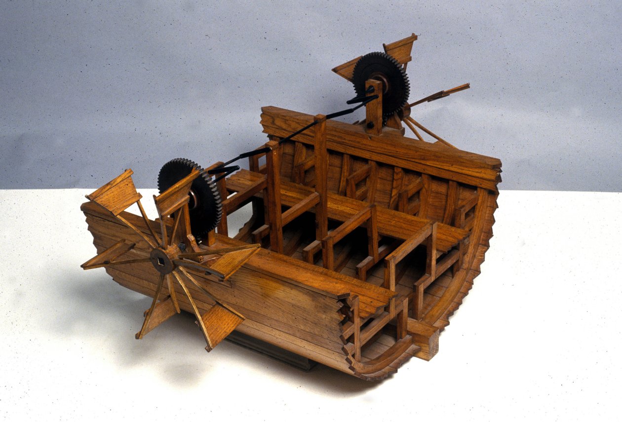 Barca a propulsione a ruote. Modello dal disegno di Leonardo da Vinci. Museo della Scienza e della Tecnologia, Milano. da Leonardo da (after) Vinci
