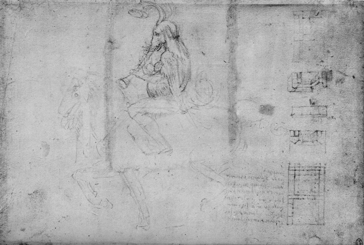 Un uomo con la testa di elefante a cavallo e schizzi architettonici, c1480-1945 da Leonardo da Vinci