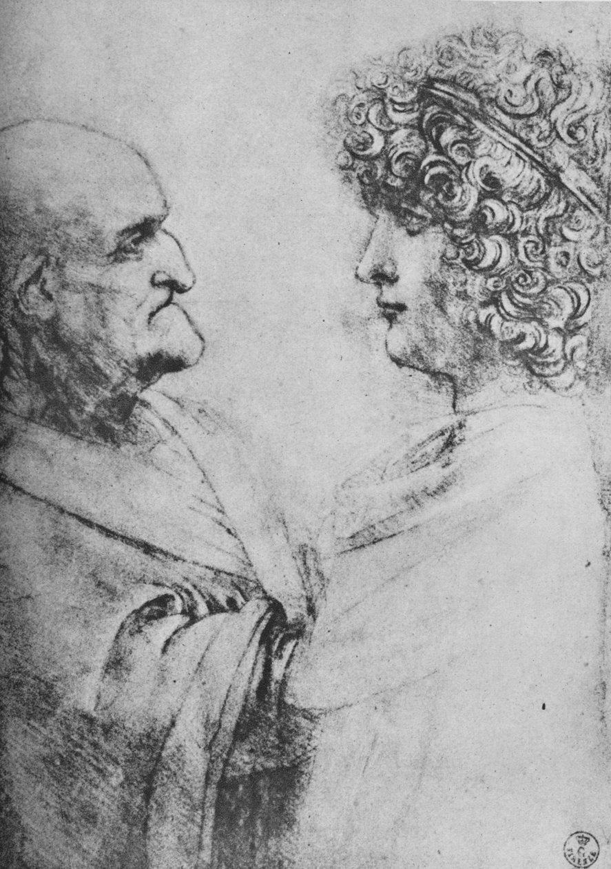 Un Vecchio e un Giovane che si Affrontano, c1480 1945 da Leonardo da Vinci