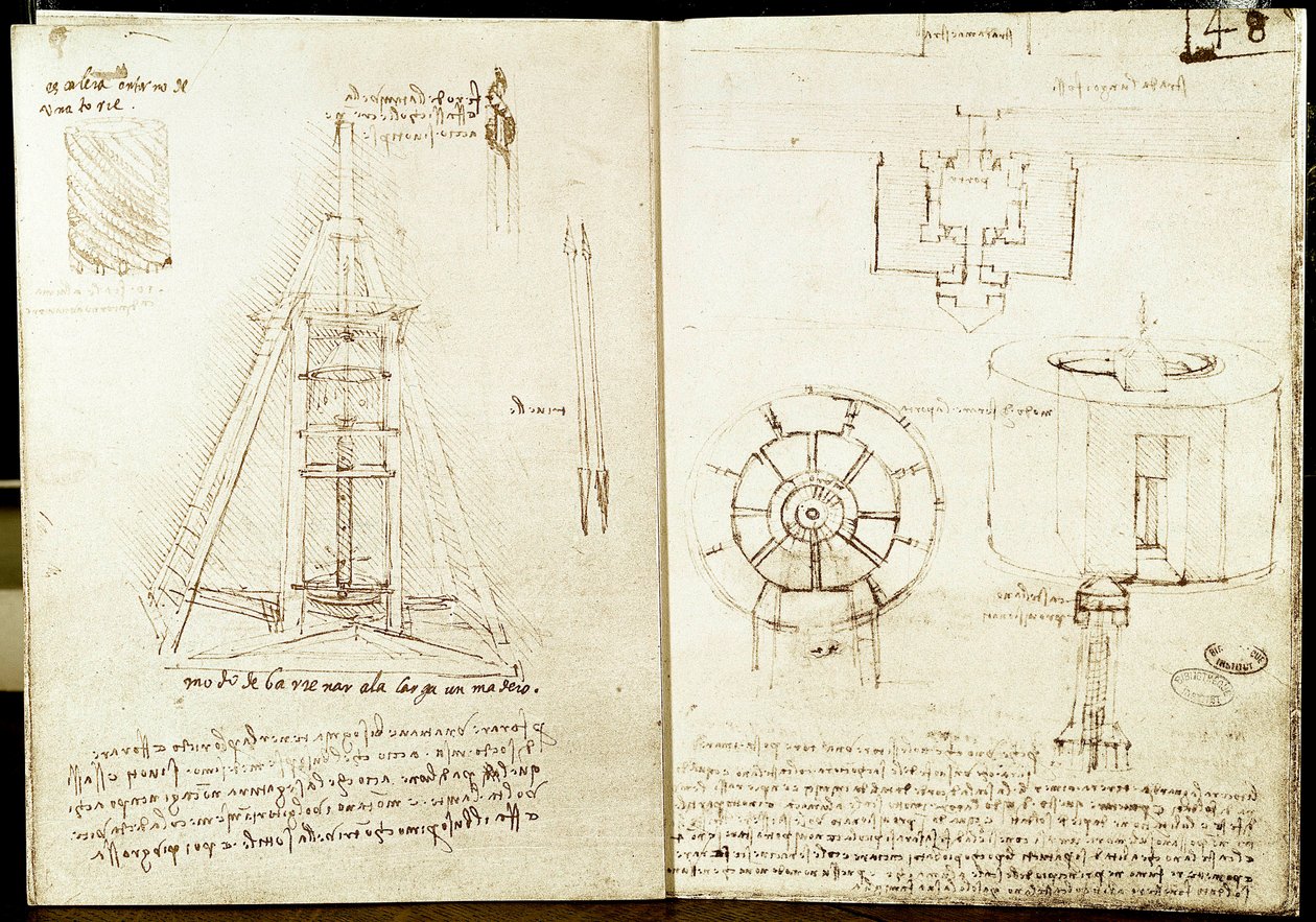 Architettura e arte militare: pagina sinistra: scala a chiocciola intorno a una torre. Foratura di una trave. Pagina destra: piano d