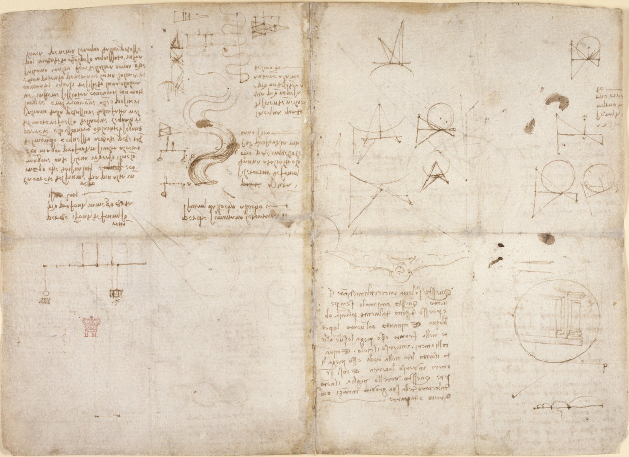 Arundel 263, f.135v, f.134, Note e diagrammi sulla meccanica; note e schizzi schematici sui corsi dei fiumi e sul flusso dell