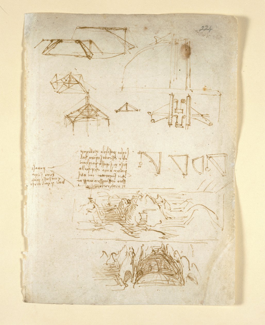 Arundel 263, f.224 Note e diagrammi; schizzi di montagne e una grotta, dal 