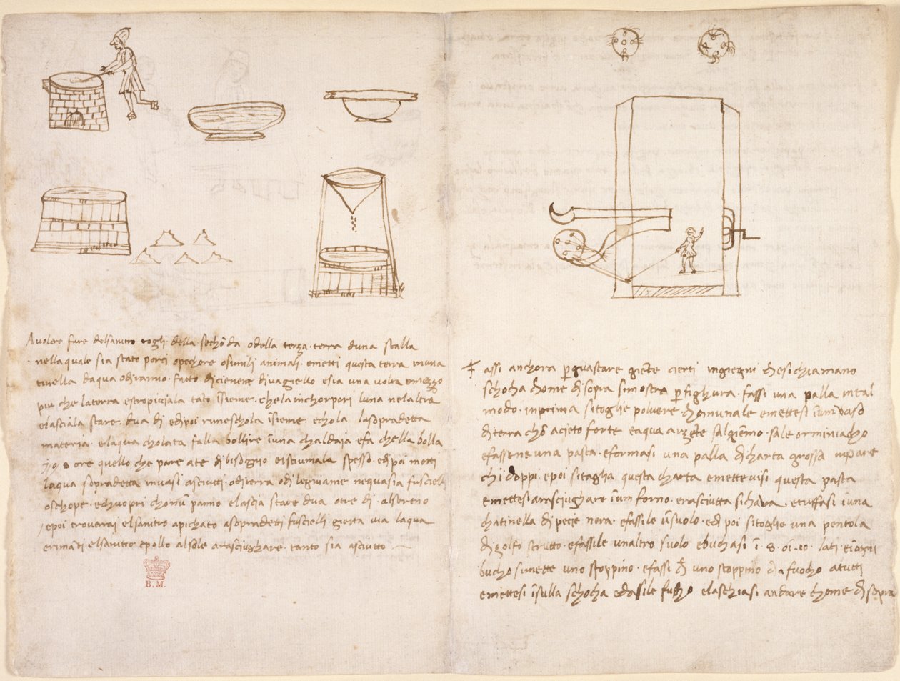 Arundel 263, f.259v, f.260 Note e schizzi grezzi sul processo di produzione del salnitro per preparare la polvere da sparo (non di mano di Leonardo) da Leonardo da Vinci
