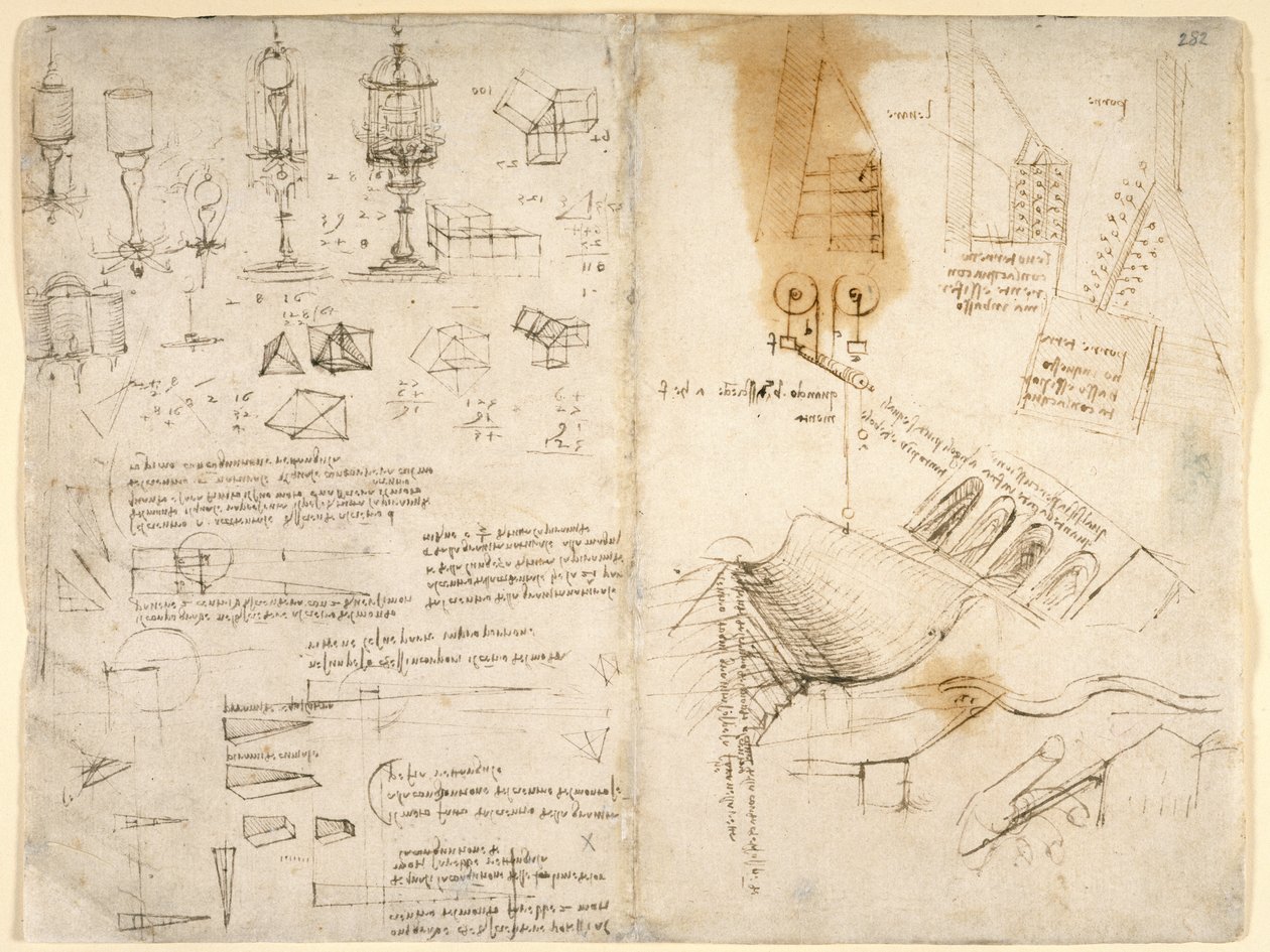 Schizzi di lampade articolate; note sulla meccanica; calcoli matematici; schizzi geometrici da Leonardo da Vinci
