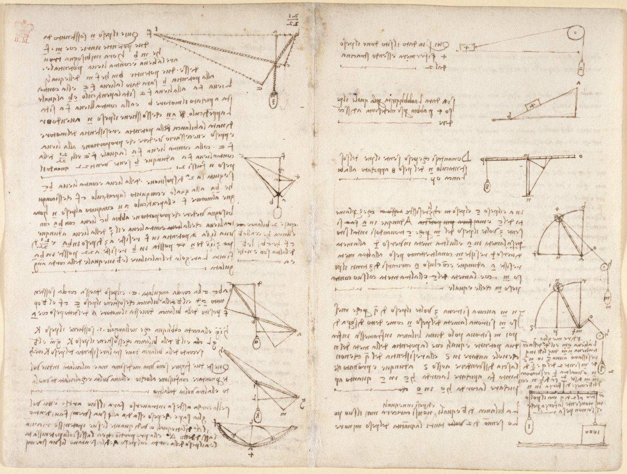 Arundel 263, f.7v, f.8 Note e diagrammi sulla meccanica da Leonardo da Vinci