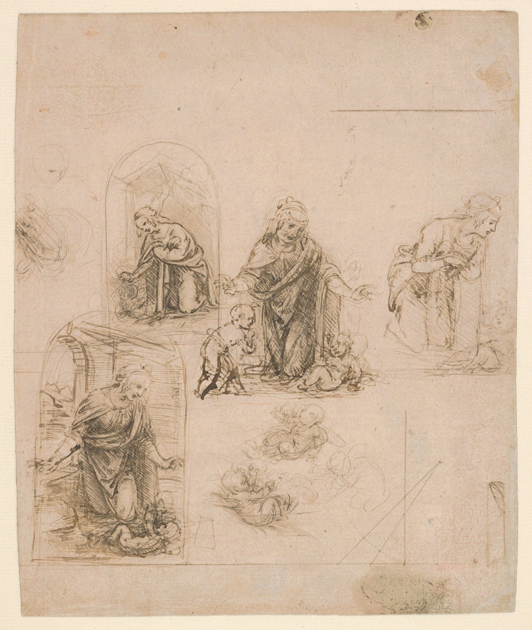 Schizzi compositivi per la Vergine che adora il Bambino Gesù, con e senza il piccolo san Giovanni Battista; diagramma di una proiezione prospettica (recto); lievi scarabocchi (verso) da Leonardo da Vinci