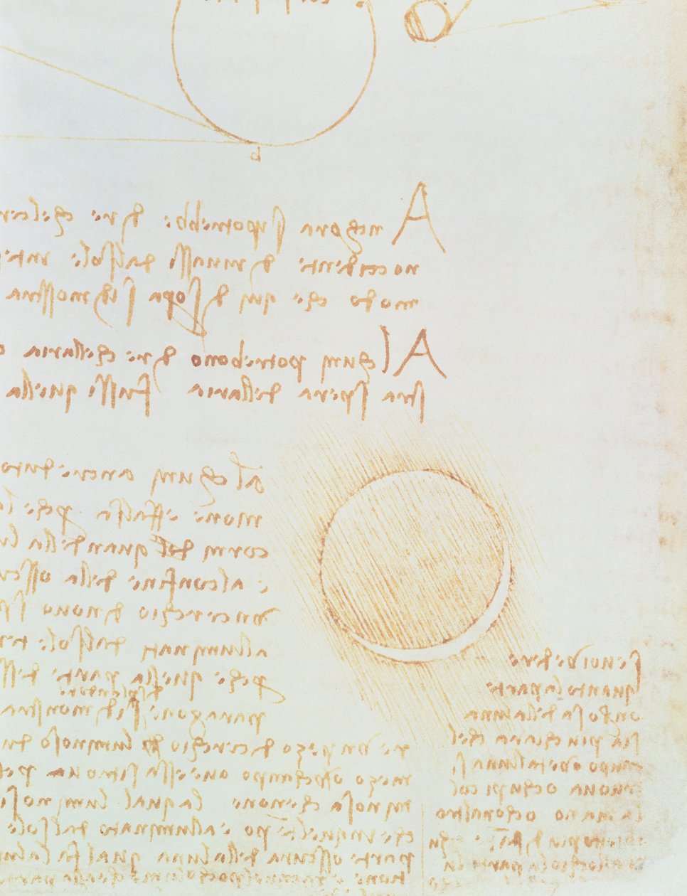 Dettaglio di fol. 2r, dal Codice Leicester, che mostra la luminosità esterna della luna da Leonardo da Vinci