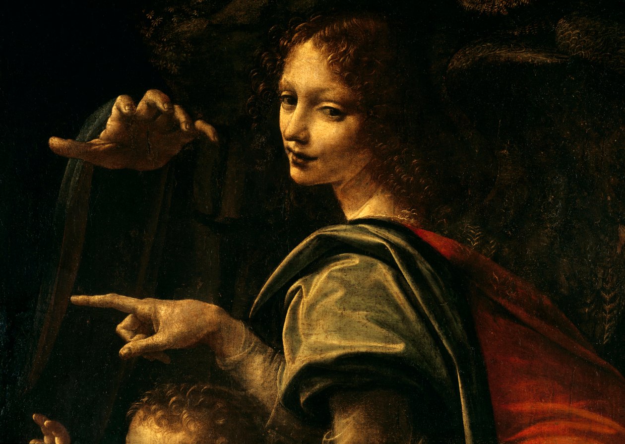 Dettaglio della Vergine delle Rocce, San Giovanni Battista che indica con il dito e la mano della Vergine Maria da Leonardo da Vinci