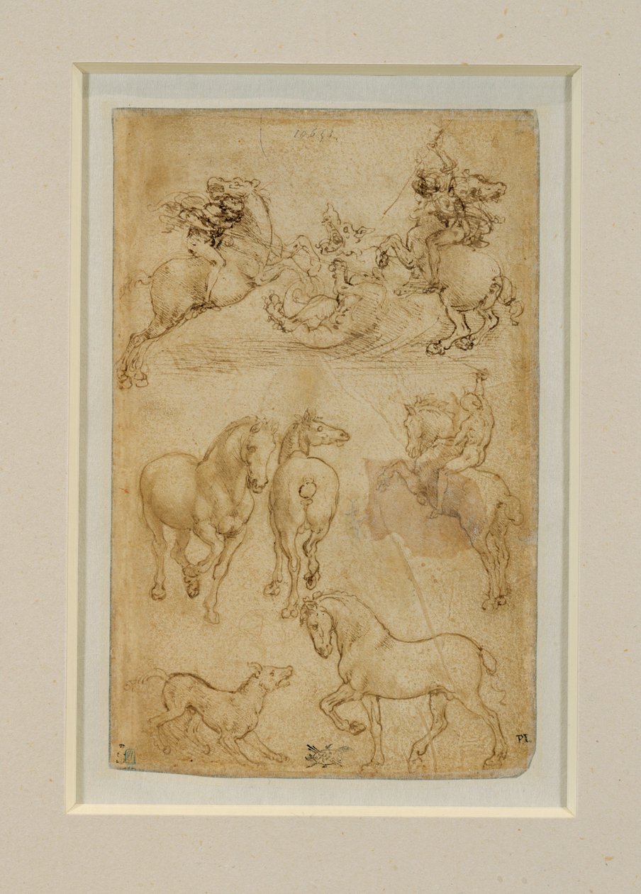 Due cavalieri che combattono contro un drago; un cavaliere e due cavalli; un cane e un cavallo ... da Leonardo da Vinci