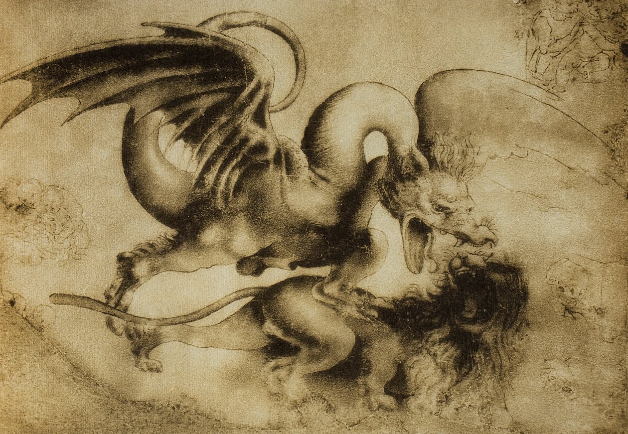 Drago che uccide un leone, disegno di Leonardo da Vinci. Gabinetto dei Disegni e Stampe, Galleria degli Uffizi, Firenze da Leonardo da Vinci