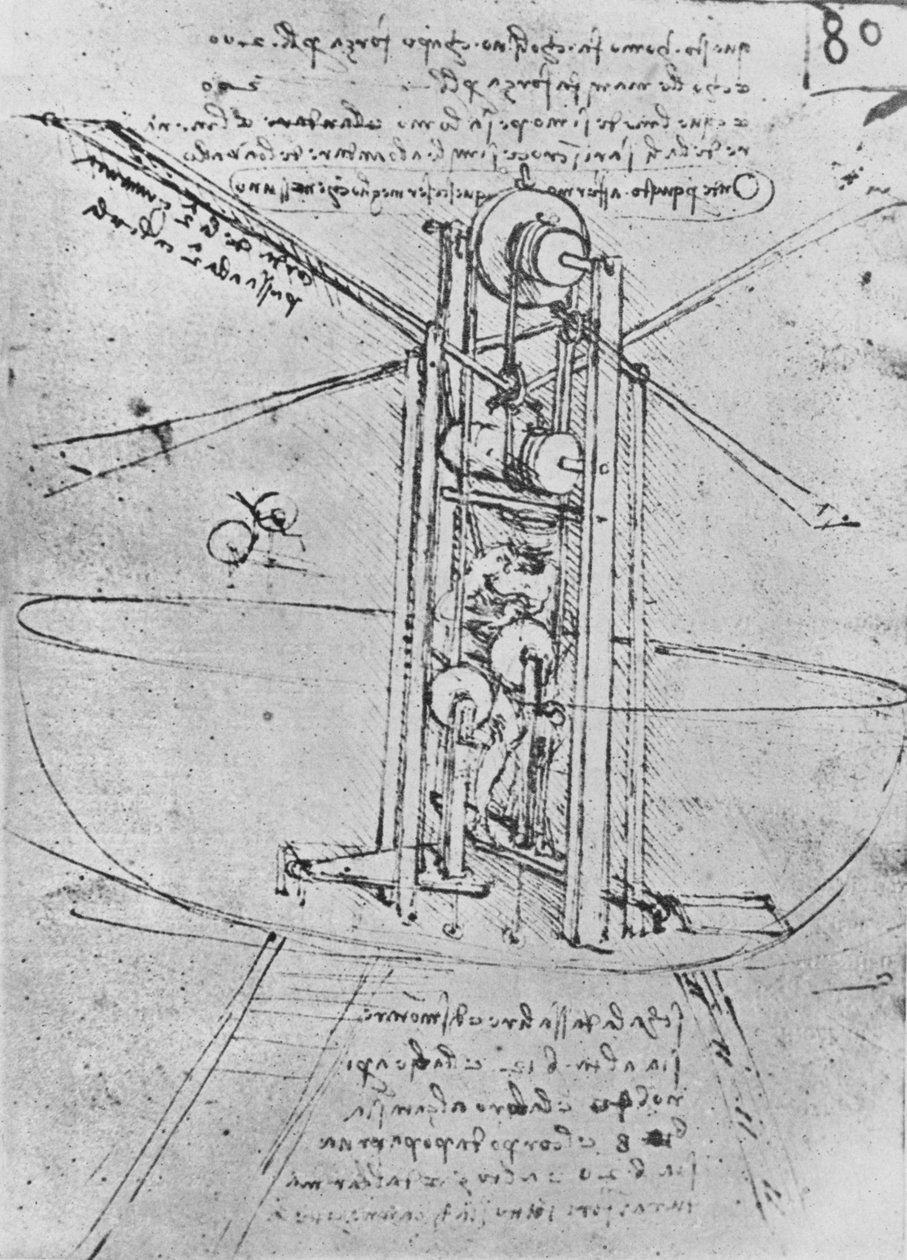 Disegno di una Macchina Volante con un Uomo che la Opera, c1480 da Leonardo da Vinci