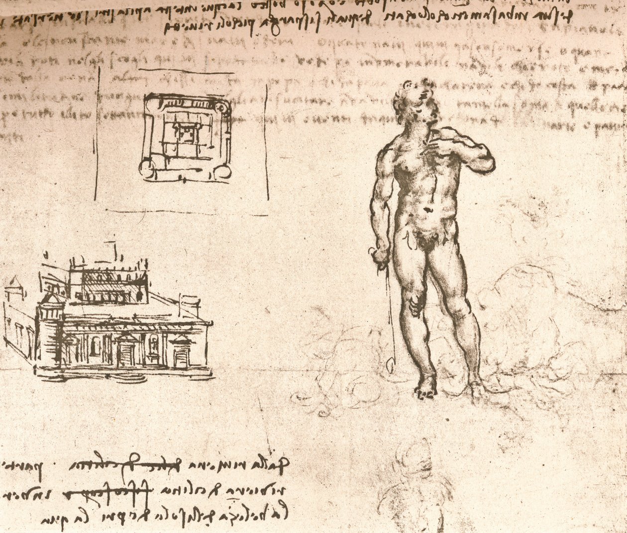 Disegno di piani per un castello e di una figura nuda, lavato con inchiostro indiano, c. 1472-c. 1519 da Leonardo da Vinci