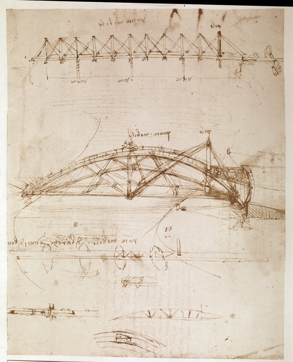 Estratto da un manoscritto di Da Vinci che descrive la costruzione di un "Ponte girevole" (manoscritto) da Leonardo da Vinci