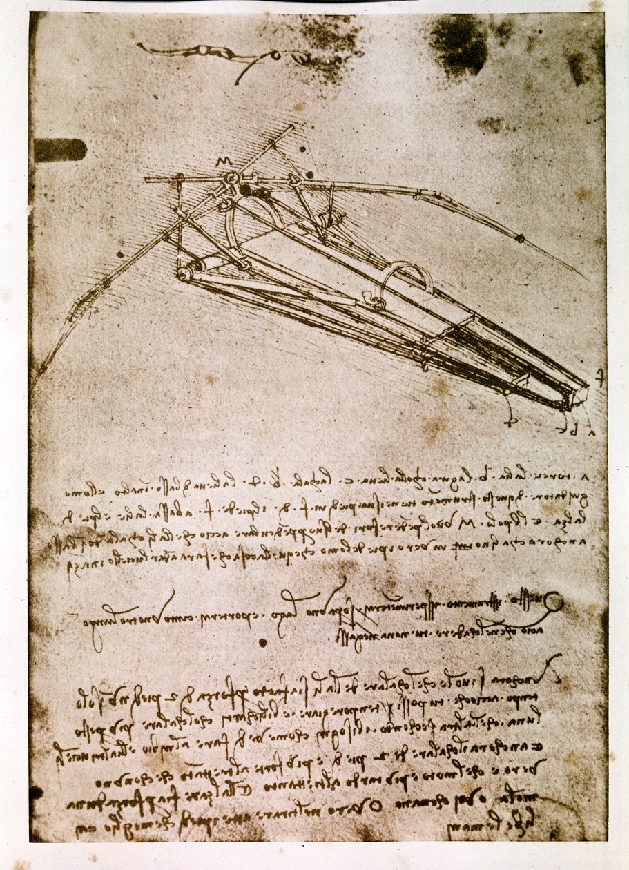 Estratto da un manoscritto di Da Vinci che descrive il principio e la costruzione di una "Macchina Volante" (manoscritto) da Leonardo da Vinci