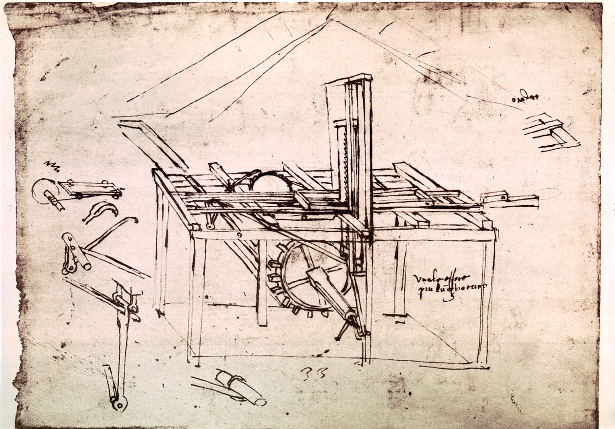 Estratto da un manoscritto di Da Vinci che descrive il principio e la costruzione di una "Sega idraulica con avanzamento automatico" (manoscritto) da Leonardo da Vinci