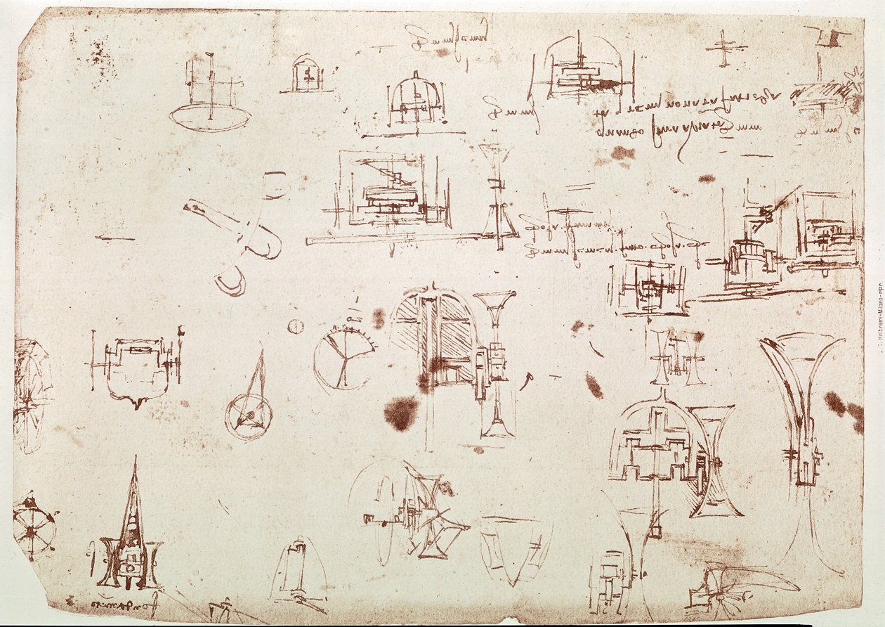 Estratto da un manoscritto di Da Vinci che descrive il principio e la costruzione di una "Barca con propulsione a mezzo di ruote" (manoscritto) da Leonardo da Vinci