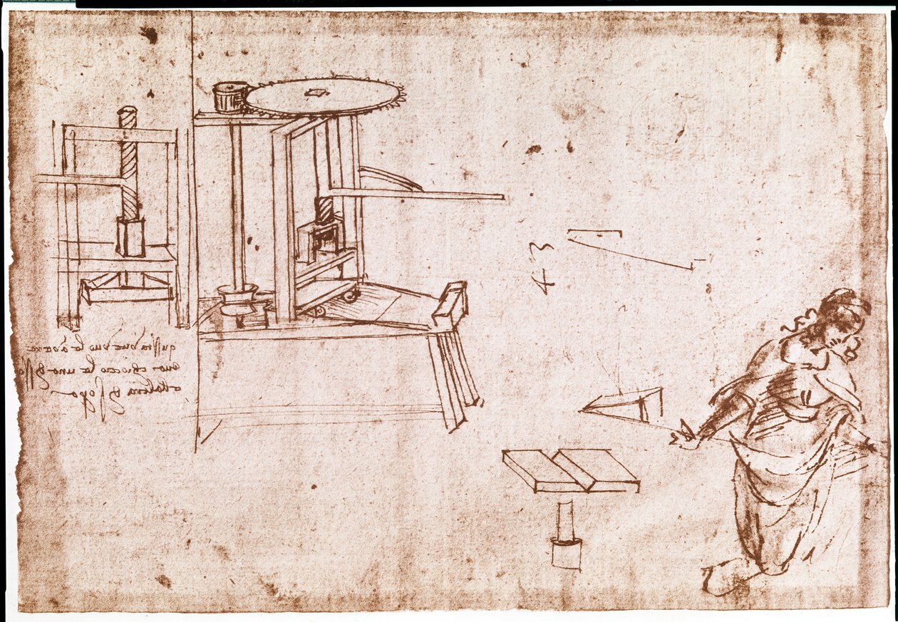 Estratto da un manoscritto di Da Vinci che descrive il principio e la costruzione di una "Macchina da stampa" per la stampa (manoscritto) da Leonardo da Vinci