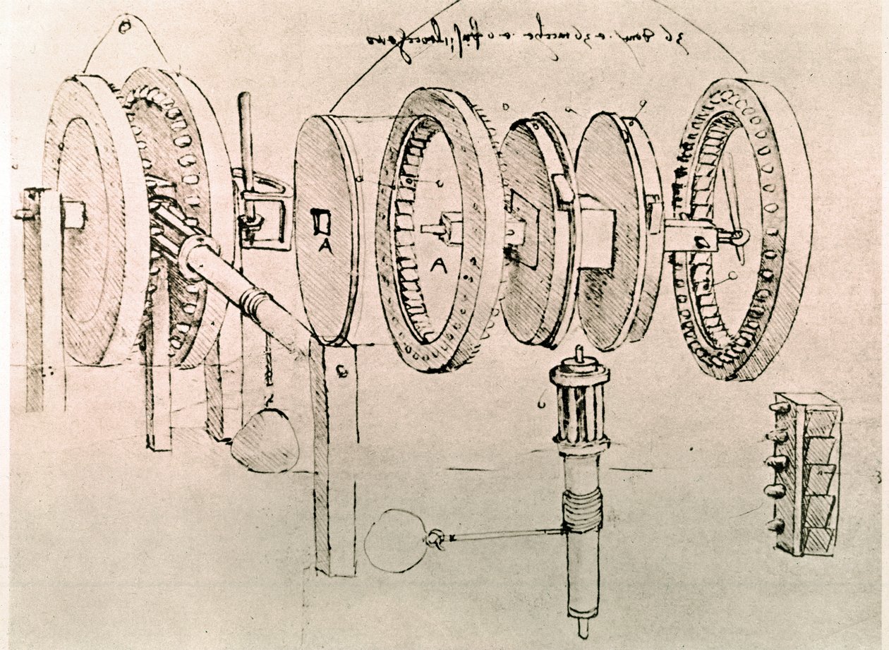 Estratto da un manoscritto di Da Vinci che descrive il principio e la costruzione della "Trasformazione del moto alternato in moto continuo" (manoscritto) da Leonardo da Vinci