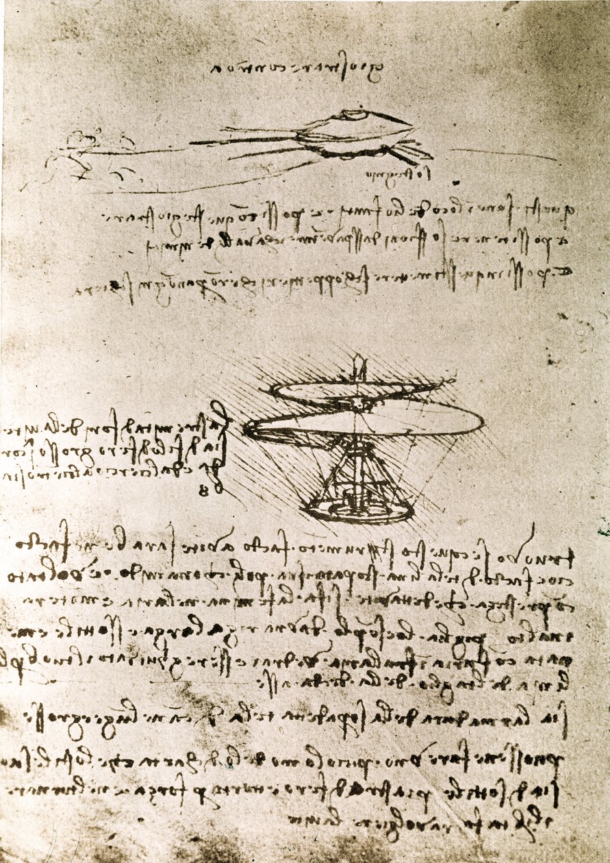 Estratto da un manoscritto di Da Vinci che descrive il principio e la costruzione della "Vite aerea (elicottero)" (manoscritto) da Leonardo da Vinci