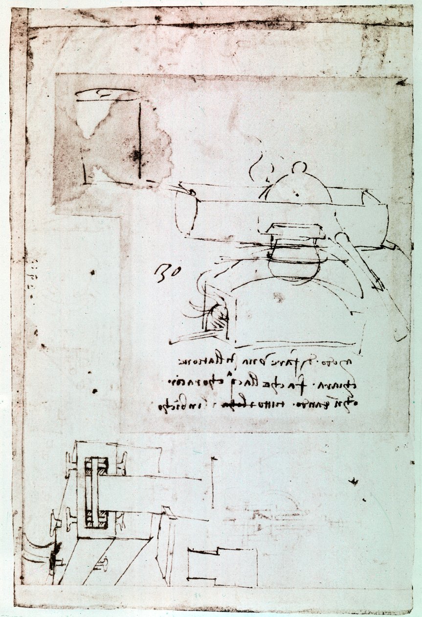 Estratto da un manoscritto di Da Vinci che descrive il principio e la costruzione di un "Distillatore a refrigerazione continua" (manoscritto) da Leonardo da Vinci