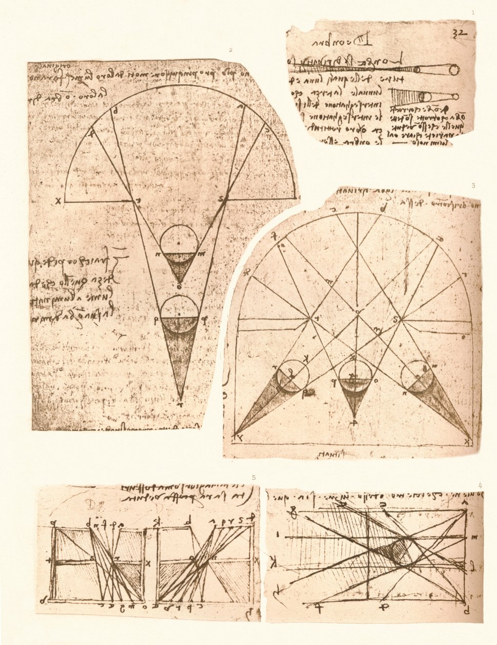 Cinque diagrammi che illustrano la teoria della luce e dell