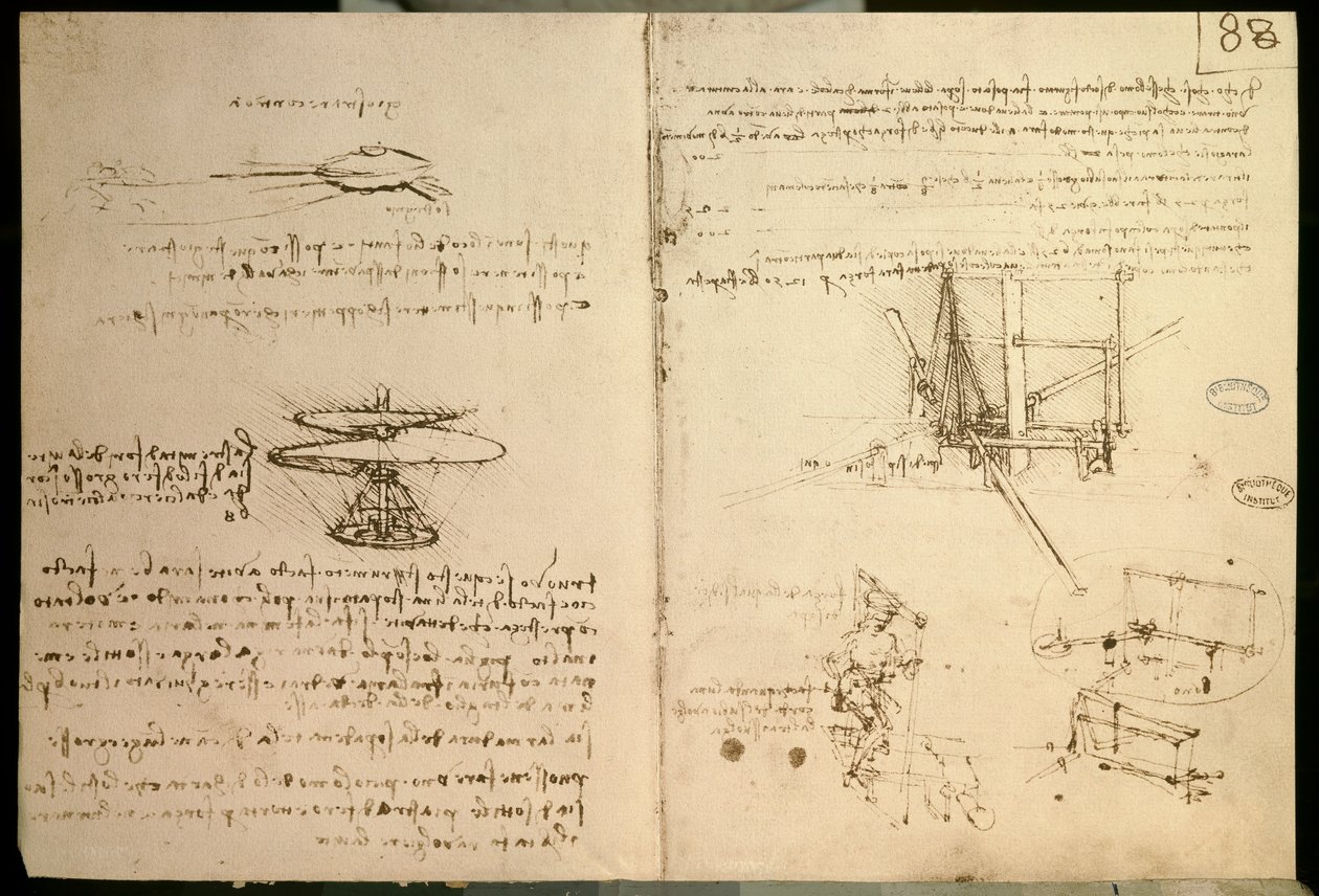 Macchine volanti, uno dei primi disegni di una macchina volante simile a un elicottero, c. 1487 da Leonardo da Vinci