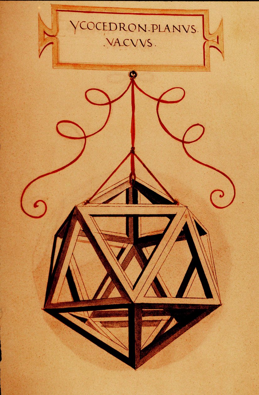 Geometria: "Un icosaedro" Pagina tratta dal manoscritto "De divina proportione" del matematico Fra Luca Pacioli detto Luca di Borgo (1445-1517) illustrato da Leonardo da Vinci (1452-1519). 1509 da Leonardo da Vinci
