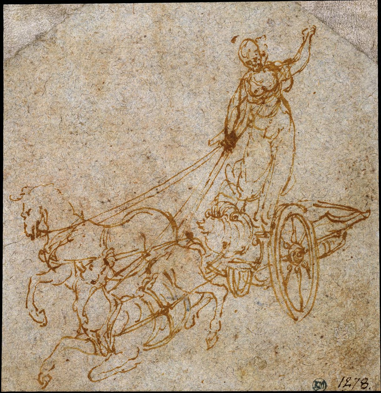 Dea in piedi su un carro trainato da due cavalli, uno dei quali sta cadendo da Leonardo da Vinci