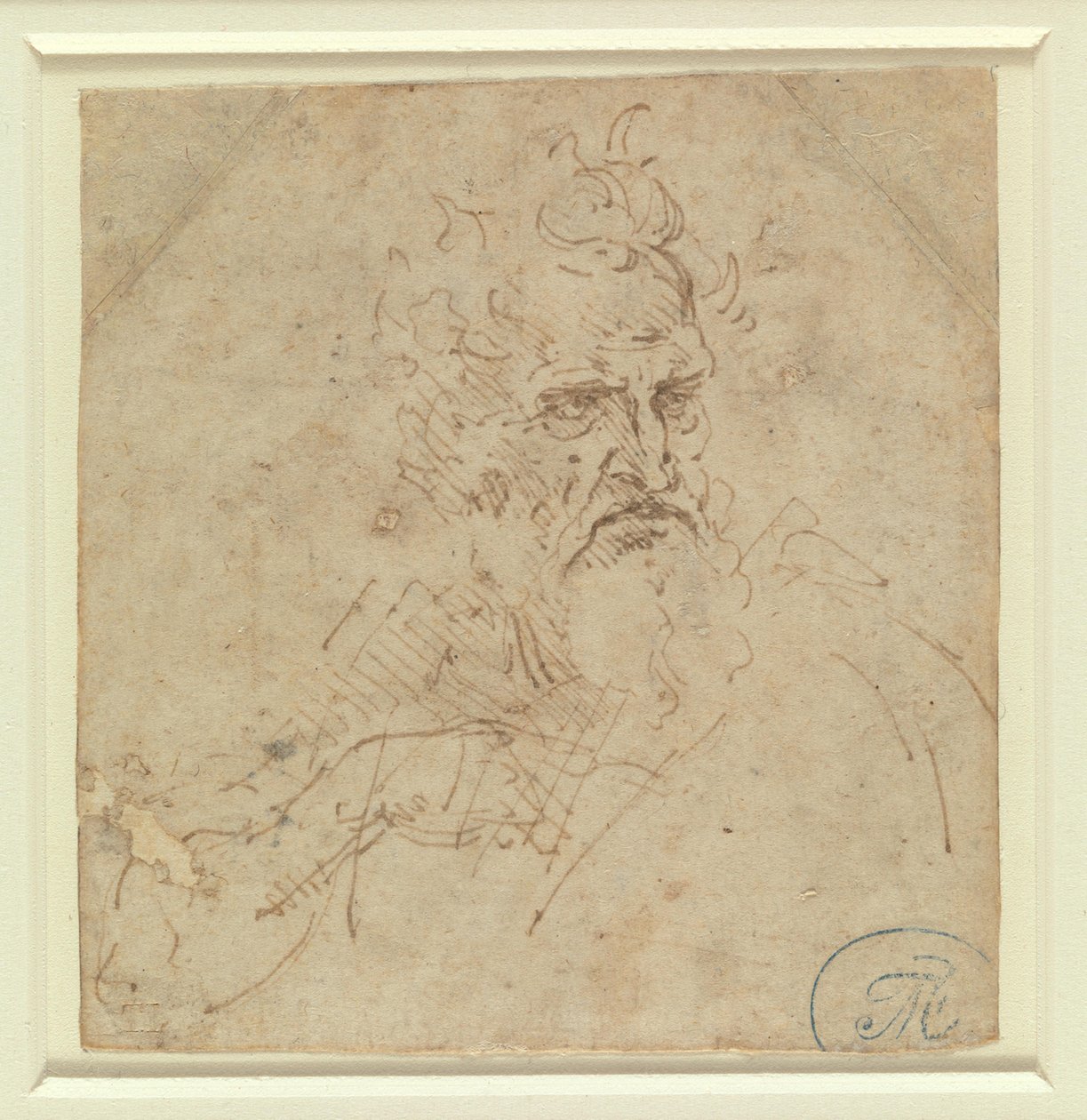Testa di un anziano dall’aspetto severo con il braccio destro da Leonardo da Vinci