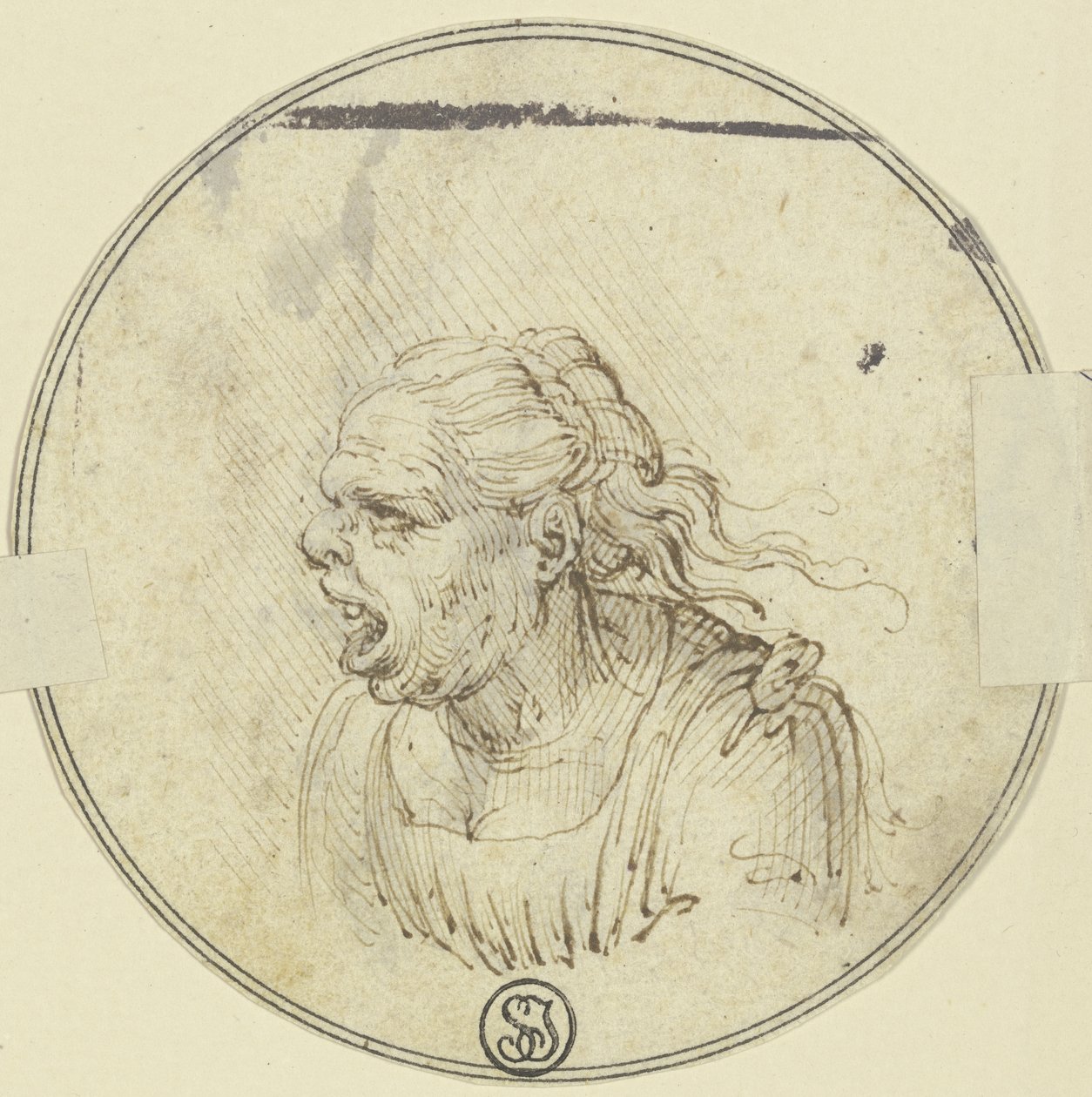 Vignetta raffigurante una donna con la bocca aperta, busto, di profilo verso sinistra da Leonardo da Vinci