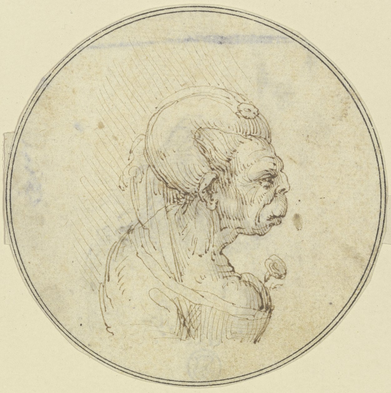 Caricatura di una donna anziana, ritratto a mezzo busto con una rosa sul petto, di profilo verso destra da Leonardo da Vinci