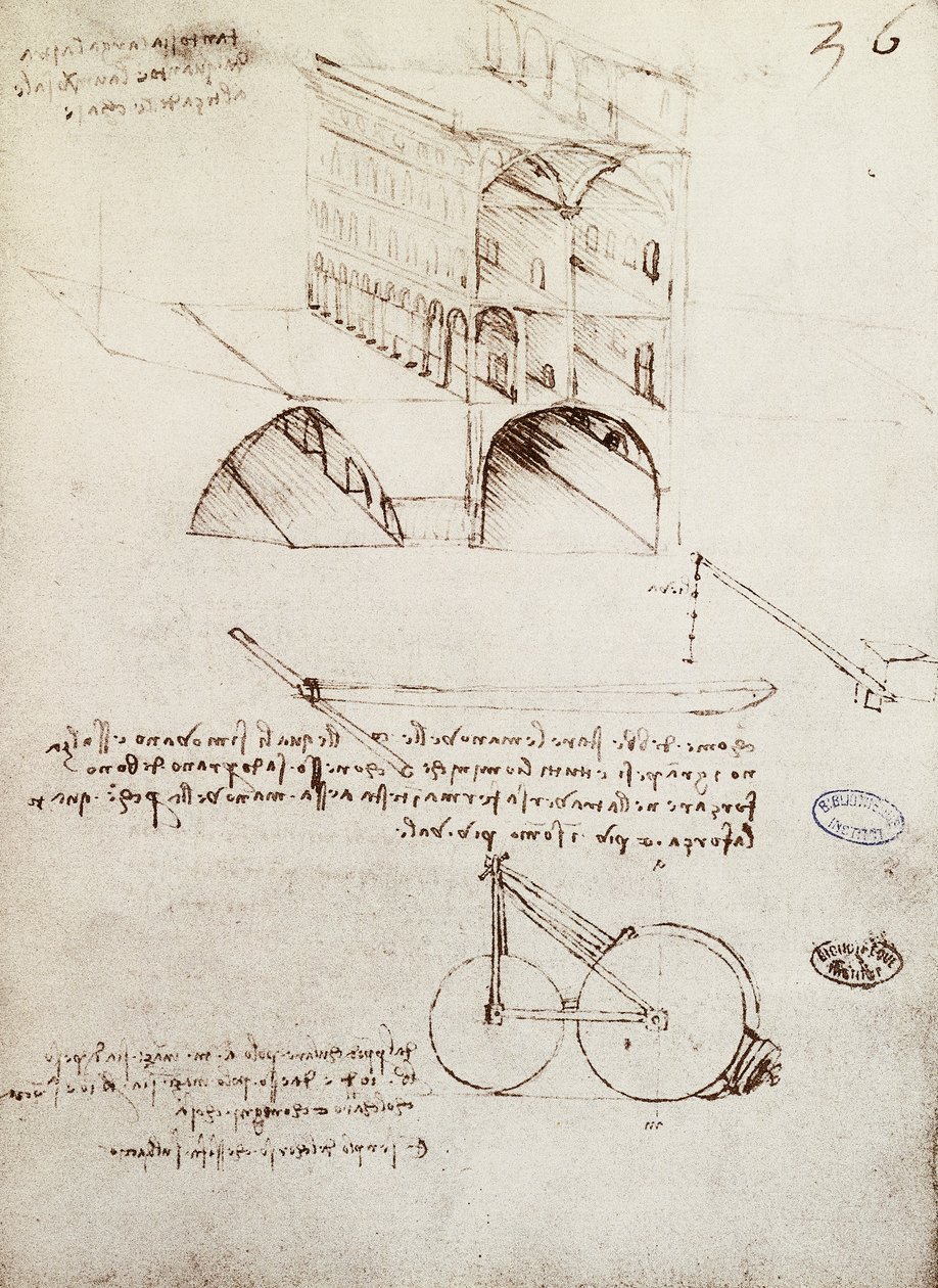 Manoscritto B, f 36 r Studi architettonici, sviluppo e sezioni di edifici in città con strade sopraelevate (penna e inchiostro su carta) da Leonardo da Vinci