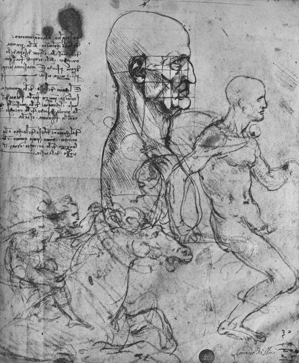 Profilo di un uomo quadrato per proporzione e studi di cavalieri, c1480, 1945 da Leonardo da Vinci