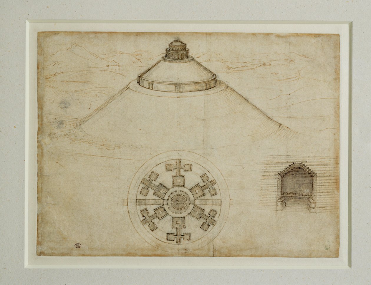 Progetto per una tomba a pianta centrale; prospetto ... da Leonardo da Vinci