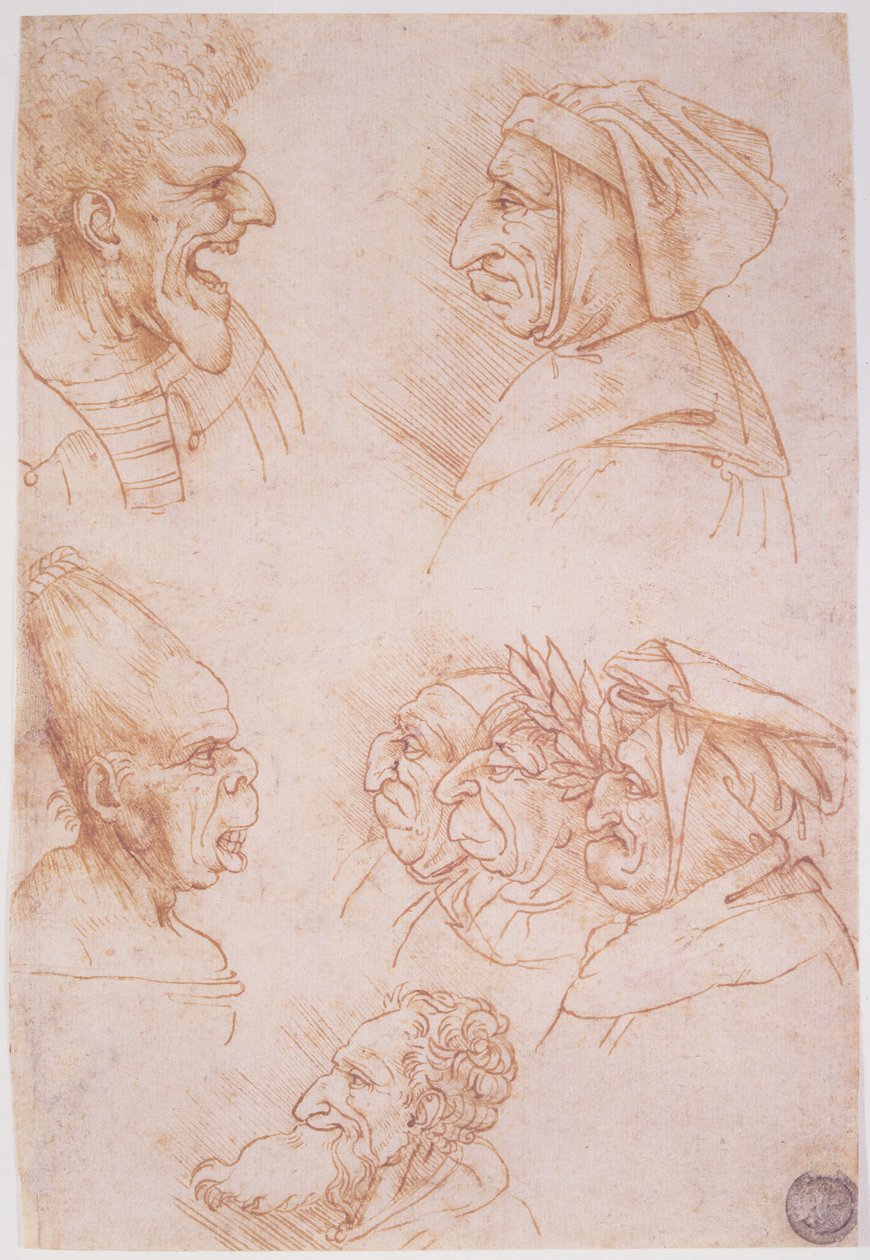 Sette studi di volti grotteschi da Leonardo da Vinci