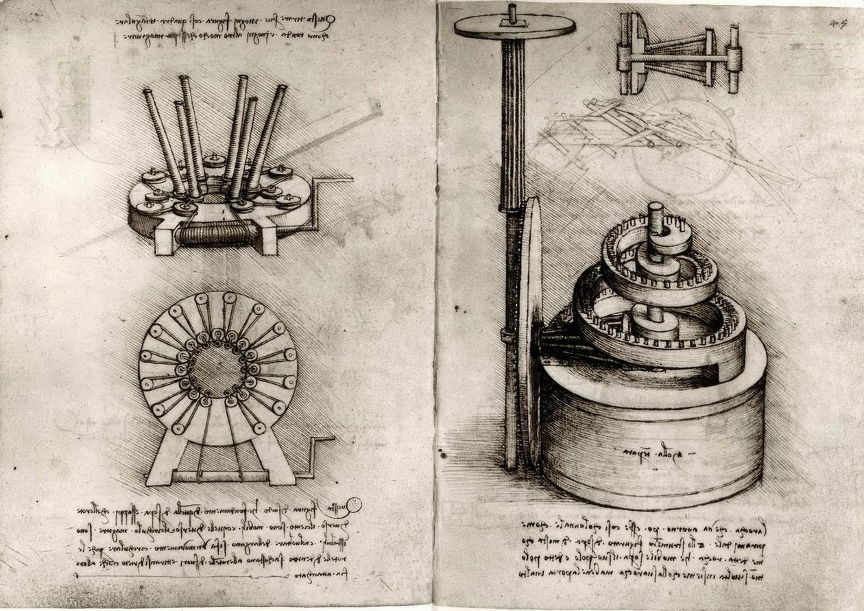 Studi sulla meccanica; a destra molla di un orologio da Leonardo da Vinci