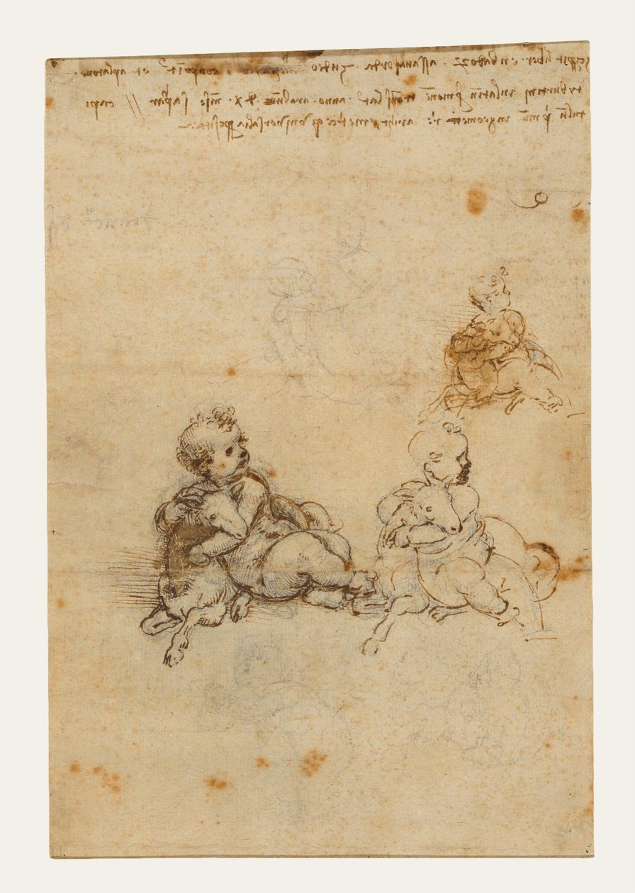 Studi per il Bambino Gesù con un agnello (recto); Testa di un anziano e studi di macchinari (verso) da Leonardo da Vinci