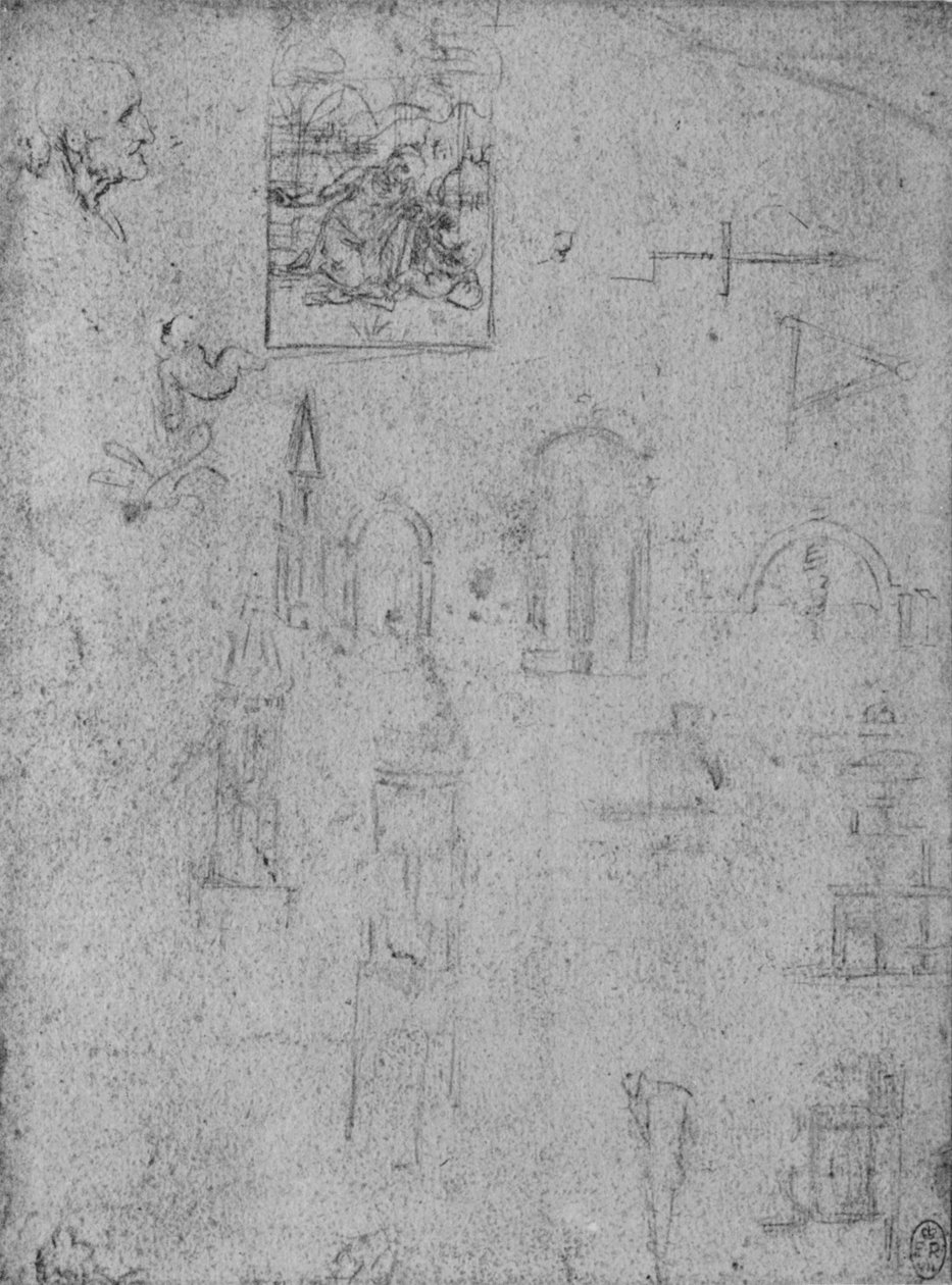 Studi di architettura e di una Vergine che adora il Bambino Gesù, c1480 1945 da Leonardo da Vinci
