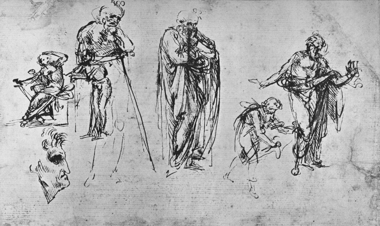 Studi di figure singole e di un profilo, c1480 da Leonardo da Vinci