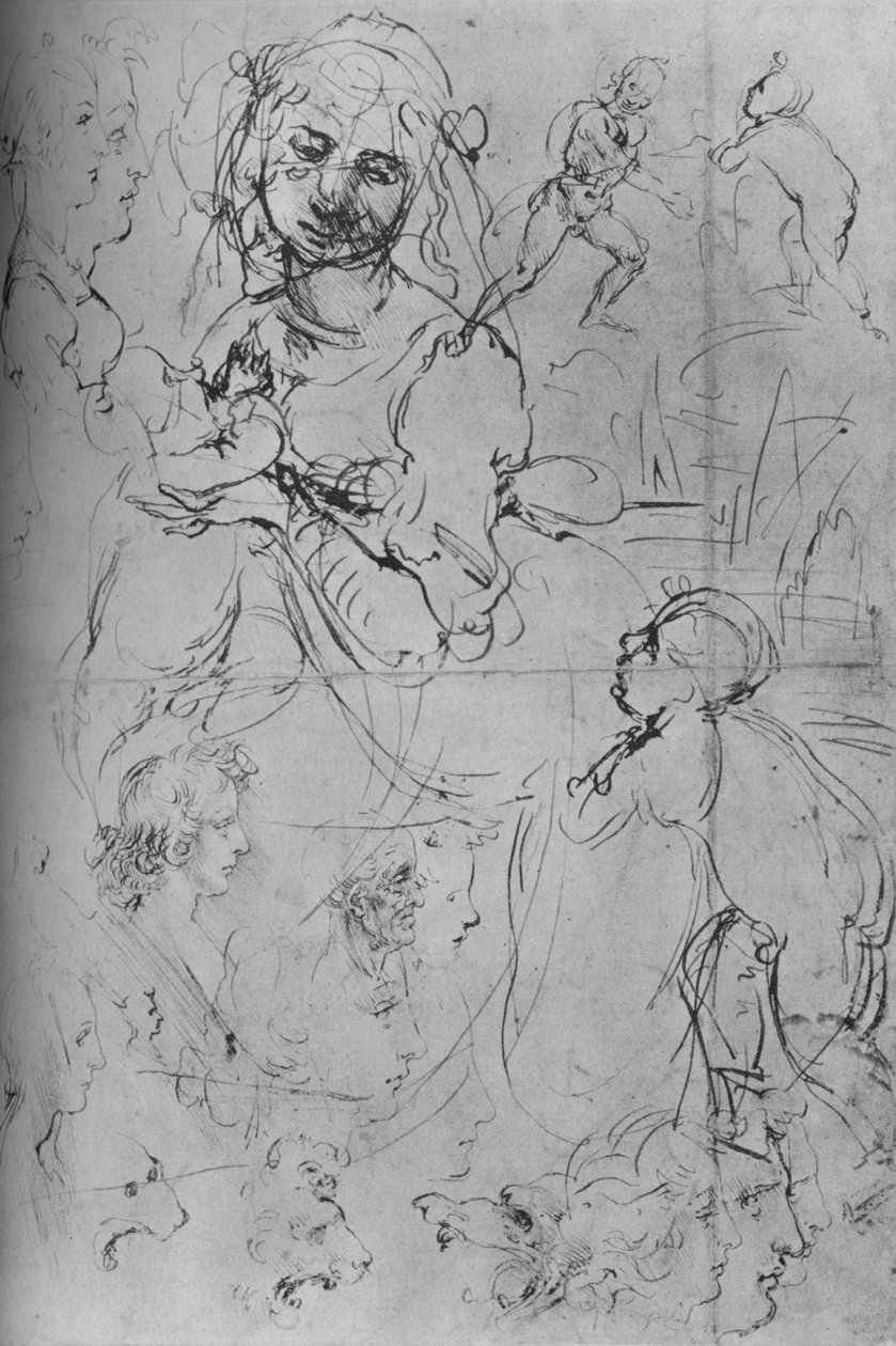 La Madonna e il Bambino e altri studi, c1469 1945 da Leonardo da Vinci