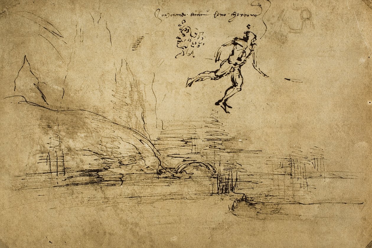 Retro di un disegno di paesaggio con figura di soldato da Leonardo da Vinci