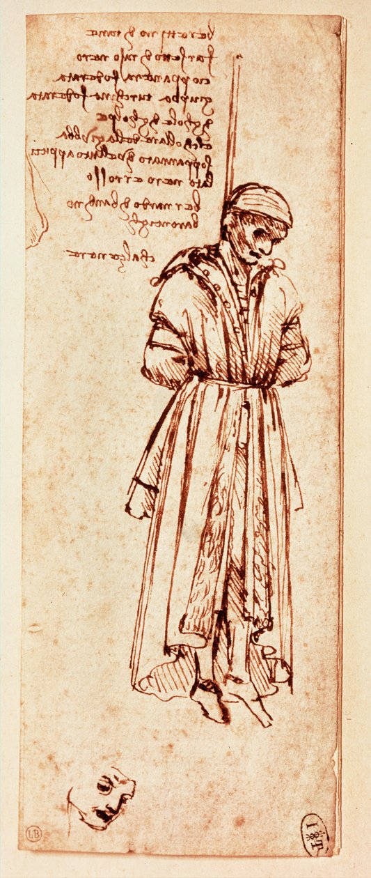 Il corpo strangolato di Bernardo Baroncelli. Penna e inchiostro (penna e inchiostro) da Leonardo da Vinci