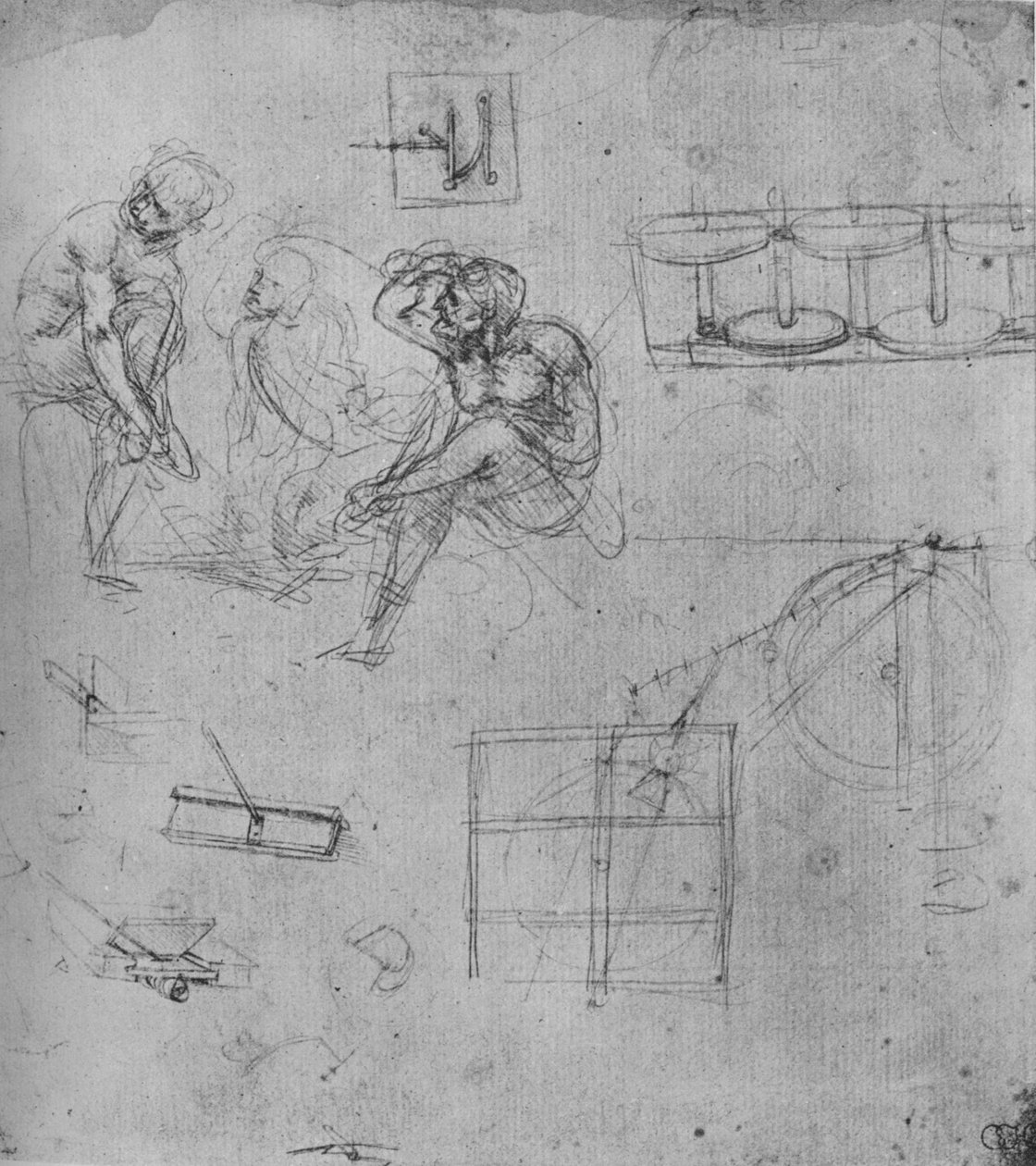 Tre figure sedute e studi di macchinari, 1480-1481, 1945 da Leonardo da Vinci