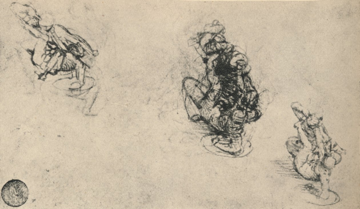 Tre studi di un uomo che pugnala un nemico caduto da Leonardo da Vinci