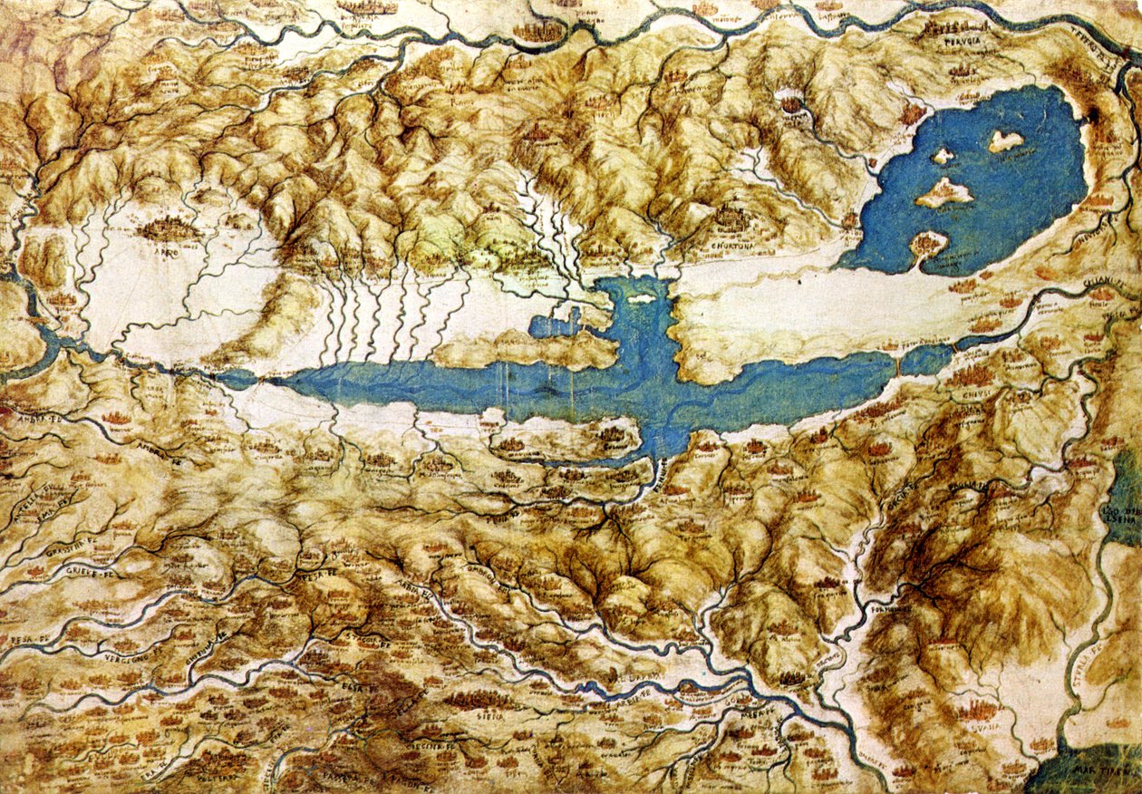 Veduta topografica della campagna intorno alla pianura di Arezzo e alla Val di Chiana, inizio XVI sec. da Leonardo da Vinci