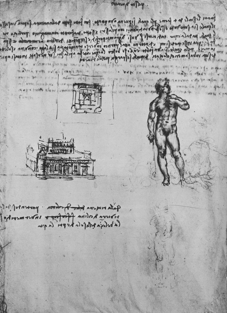 Due studi di una figura nuda e la vista e il piano di un edificio, c1480 1945 da Leonardo da Vinci