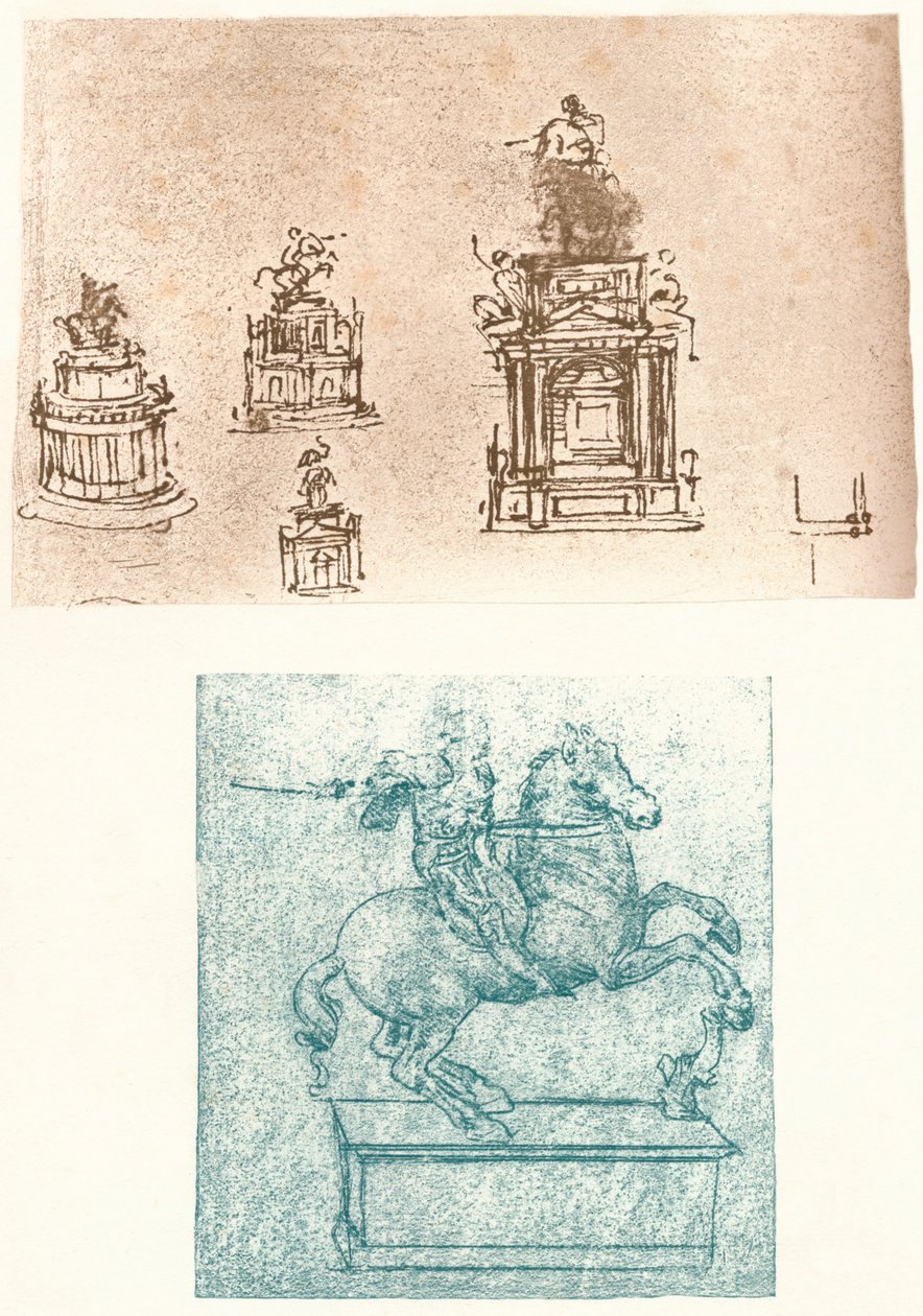 Due studi preparatori per il Monumento Sforza, c1482-c1499 da Leonardo da Vinci